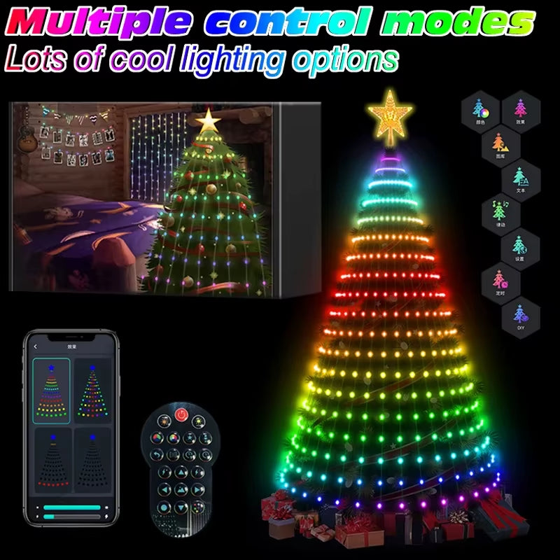 2025 New Christmas Tree Color Light Garland LEDRGB Glowing IC String Lights Bluetooth Control Function Christmas Decorative Lamp