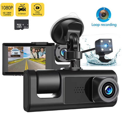 1080P Car Dash Cam with 32G Loop Recording Car DVR IPS Screen 3 Channel Cameras IR Night Vision Wide Angle Dashboard Recorder