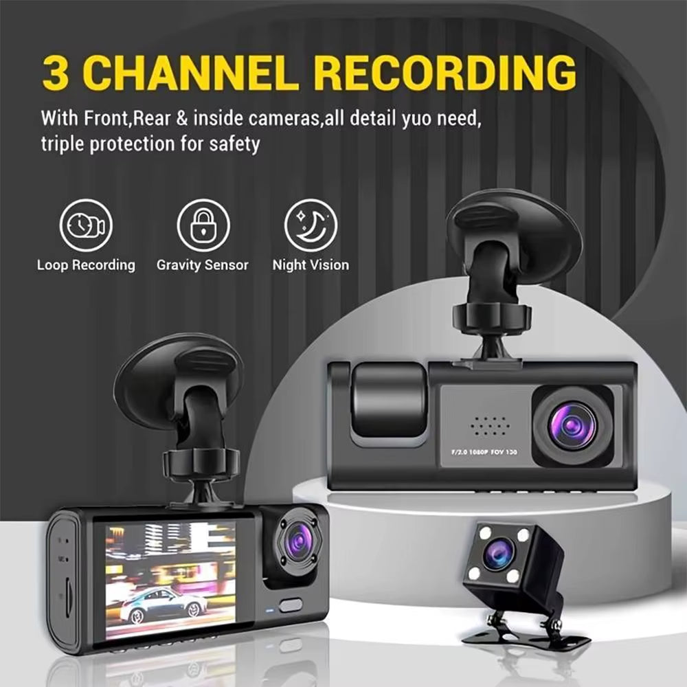 1080P Car Dash Cam with 32G Loop Recording Car DVR IPS Screen 3 Channel Cameras IR Night Vision Wide Angle Dashboard Recorder