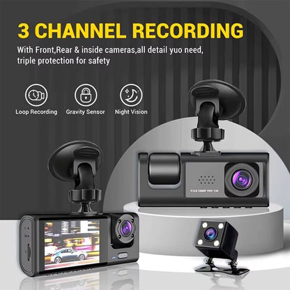 1080P Car Dash Cam with 32G Loop Recording Car DVR IPS Screen 3 Channel Cameras IR Night Vision Wide Angle Dashboard Recorder