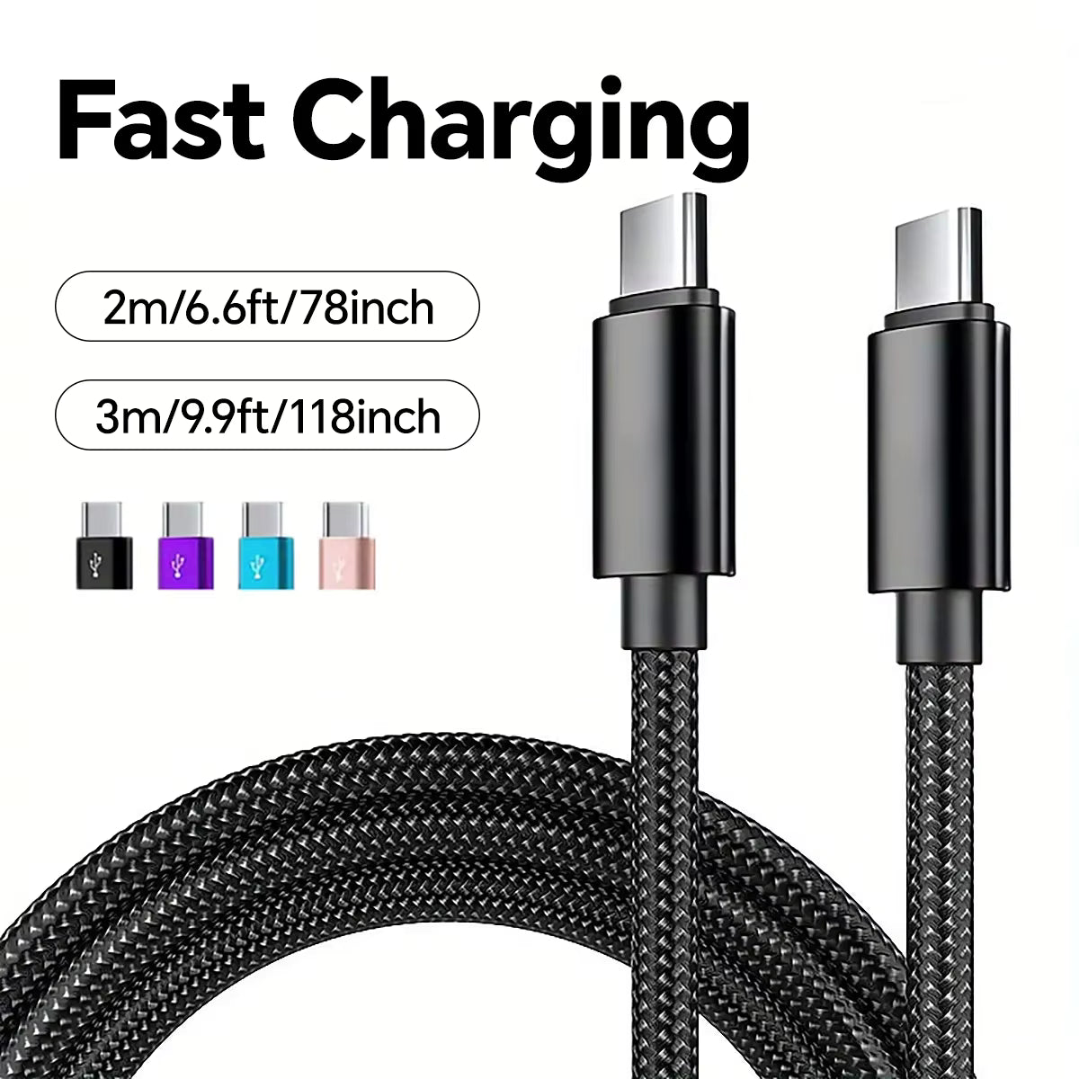 66W USB-C naar USB-C Snellaadkabel (3M) – Nylon Gevlochten