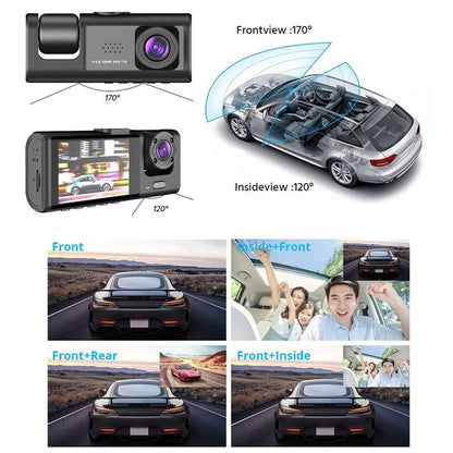 1080P Car Dash Cam with 32G Loop Recording Car DVR IPS Screen 3 Channel Cameras IR Night Vision Wide Angle Dashboard Recorder