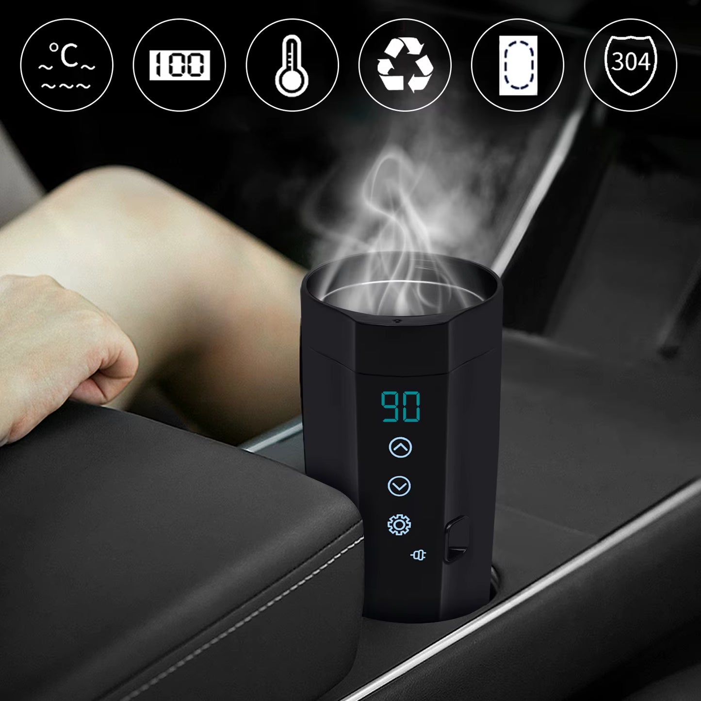 12V/24V Elektrische Thermoskan voor Auto – 350 ml met Digitale Temperatuurdisplay