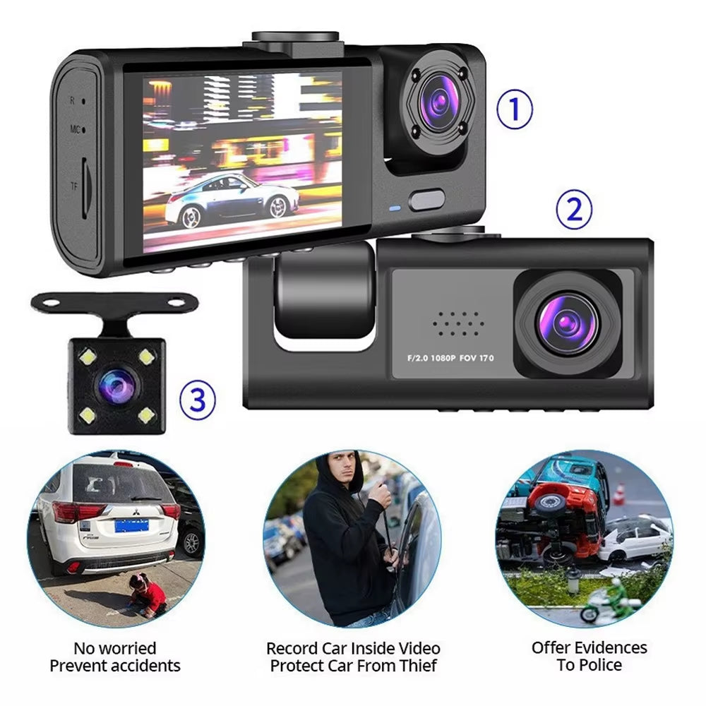 1080P Car Dash Cam with 32G Loop Recording Car DVR IPS Screen 3 Channel Cameras IR Night Vision Wide Angle Dashboard Recorder