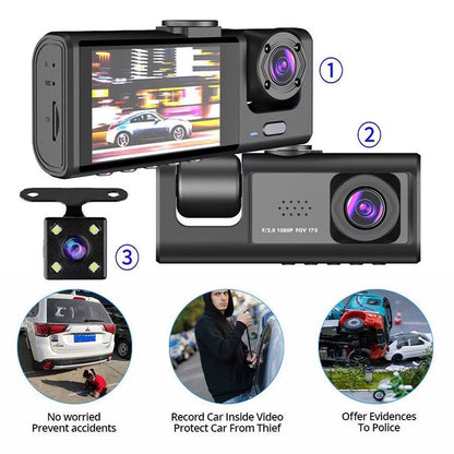 1080P Car Dash Cam with 32G Loop Recording Car DVR IPS Screen 3 Channel Cameras IR Night Vision Wide Angle Dashboard Recorder